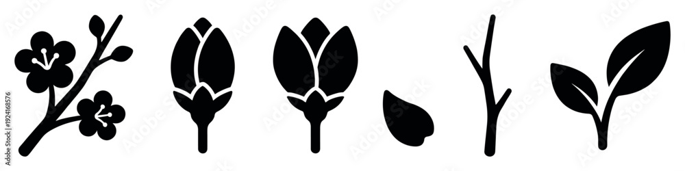 Obraz premium Collection of black floral silhouette icons showing a flowering branch, various flower buds, a single petal, a bare twig, and a leafy sprig in a clean, graphic style