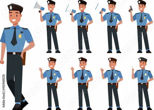 Cartoon illustration of police officers in various poses and expressions