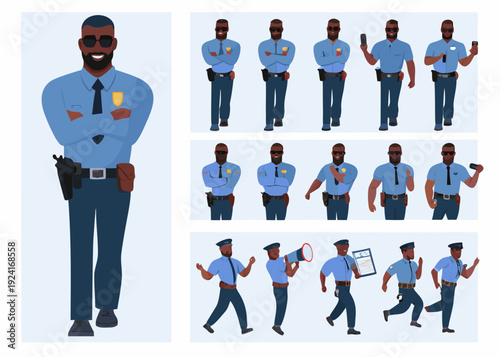 Diverse police officer character design with multiple poses and variations