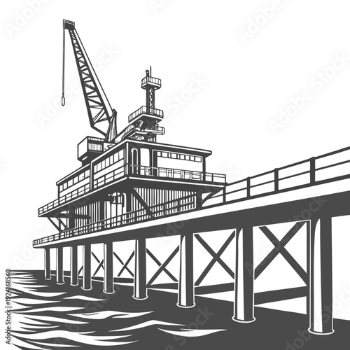 An offshore oil rig with a crane on a pier