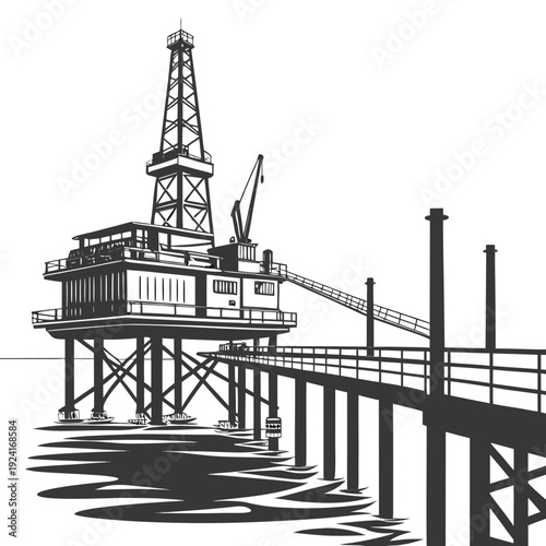 An oil rig in the water with a pier