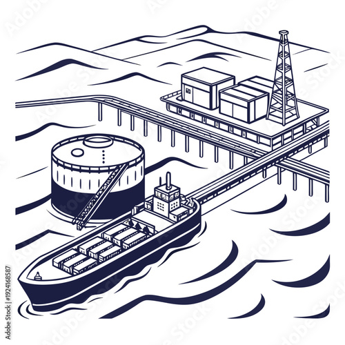 An oil tanker and pier with storage tanks