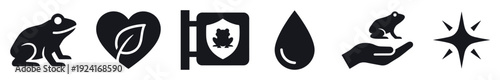 Set of black minimalist ecology icons representing nature conservation, wildlife protection, and sustainability with frog, heart, leaf, shield, and water drop symbols