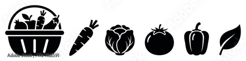Set of black grocery icons featuring a shopping basket with produce, carrot, cabbage, tomato, bell pepper, and a leaf in a minimalist graphic style for healthy eating concepts