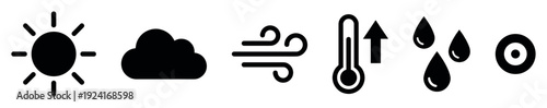 Set of black weather icons representing sun, cloud, wind, rising temperature, rain, and a hurricane symbol in a minimalist graphic style