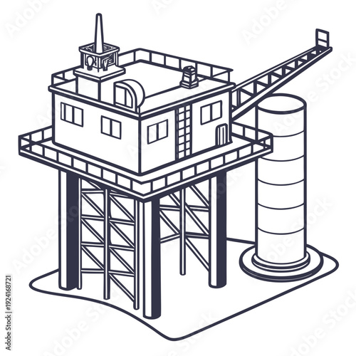 An offshore oil rig with a derrick and a cylindrical structure