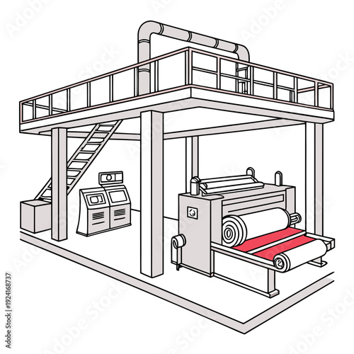 A large machine with a red and white conveyor belt