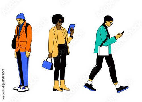 Three individuals walking each engaged with their mobile phones