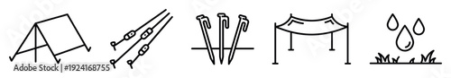 Collection of minimalist camping equipment icons in a simple black outline style, showing a tent, poles, stakes, a canopy, and a rain symbol for weather