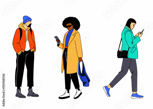 Three people walking and using smartphones in a modern illustration