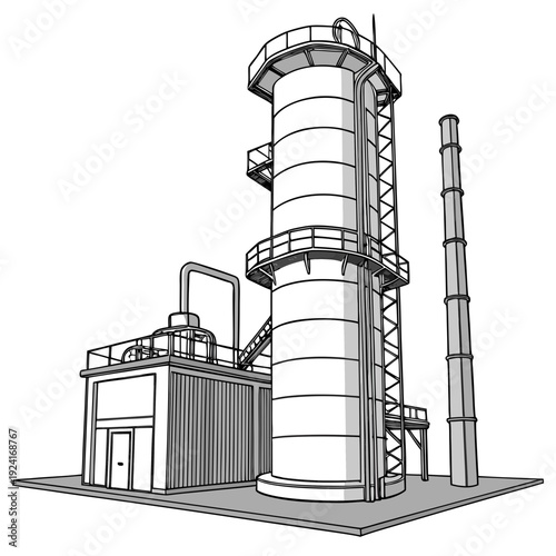 A large industrial facility with a tall cylindrical tower