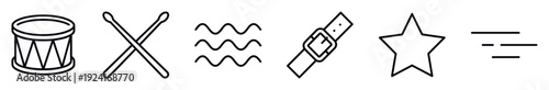 Collection of six simple outline icons depicting musical and patriotic symbols like a marching drum, drumsticks, a star, stripes, and a uniform belt buckle