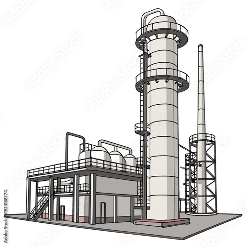 Industrial facility with a tall cylindrical tower