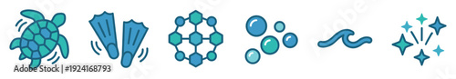 Set of six blue and teal icons representing sea life and water activities, including a turtle, flippers, bubbles, a wave, sparkles, and a molecular structure in a flat vector style