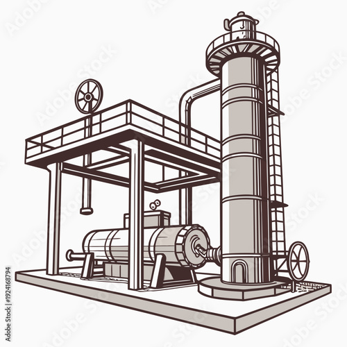 An industrial facility with a tall cylindrical tower and machinery