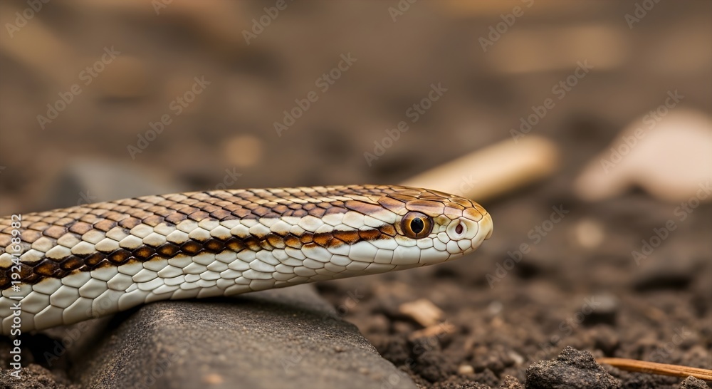 Fototapeta premium A close-up of a snake resting on a rock in a natural outdoor setting