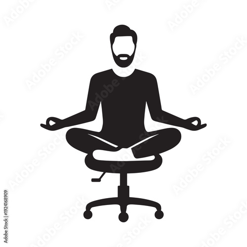 A silhouetted man meditating in a lotus position on an office chair