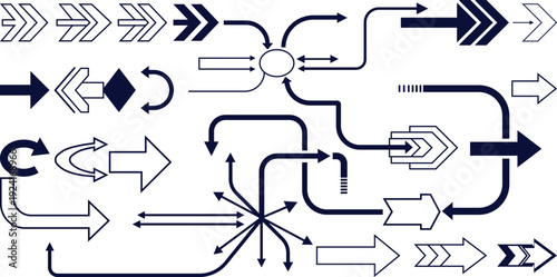 Complex Blue Arrows and Shapes Forming a Flowchart or Network Diagram