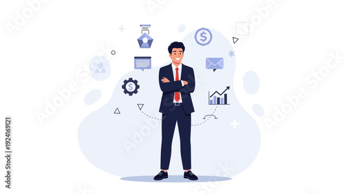 Confident Businessman Juggling Business Icons, Success Concept