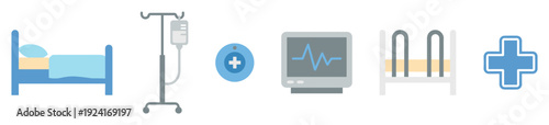Collection of flat design medical icons including a hospital bed, IV drip stand, heart rate monitor, and medical cross symbols representing healthcare and hospitalization