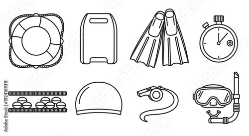 Collection of Line Art Icons for Swimming and Water Sports Equipment