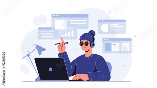 Creative freelancer working on laptop, multitasking, web design and development