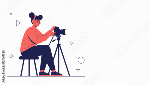 Creative Filmmaker with Camera on Tripod, Vector Illustration