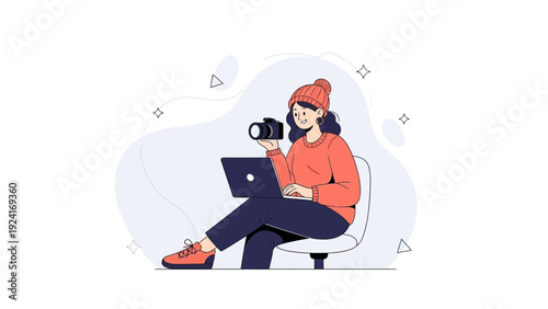 Creative Woman Photographer Working on Laptop with Camera