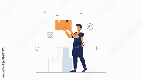 Delivery Man Holding Cardboard Box, E-commerce Shipping and Logistic Concept