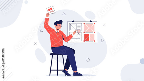 Designer Creating Website Mockup with Wireframe and UI Elements on Board