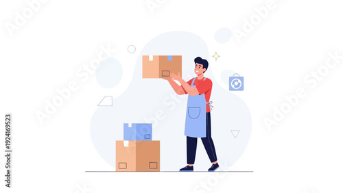 Delivery Man Holding Package Box, E-commerce Logistics and Shipping Concept