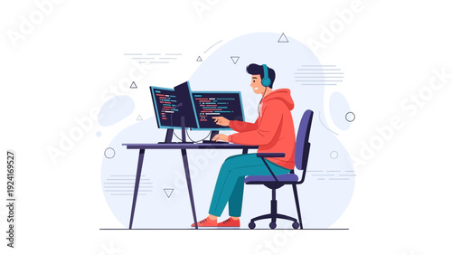 Developer Coding on Multiple Monitors Wearing Headphones, Modern Office Workspace