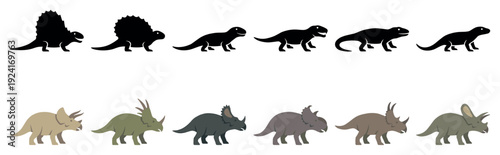 Large set of prehistoric animal icons featuring black silhouettes of early reptiles and colored illustrations of various ceratopsian dinosaurs in a simple flat vector style