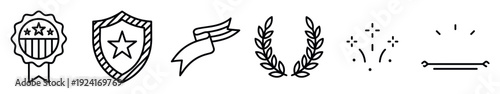 Set of black line icons featuring patriotic and award symbols like a medal, shield, ribbon, laurel wreath, and fireworks, illustrated in a clean minimalist vector style