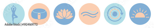 Set of six minimalist wellness icons for yoga and meditation featuring a tree pose, singing bowl, lotus flower, breath symbol, energy flow, and sunrise in a calm pastel palette