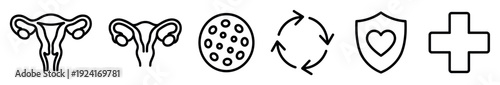 Set of black line icons for gynecology and women's health with uterus, ovary, menstrual cycle, and medical symbols for healthcare concepts in a minimalist outline style