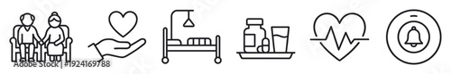 Collection of minimalist line art icons for senior healthcare and nursing home services, showing an elderly couple, a caring hand, a medical bed, pills, a cardiogram, and a call bell