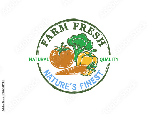 Farm fresh vegetable set design. Tomato, broccoli, bell pepper, carrot artwork. Organic natural vegan food. Local farm produce market design. Fresh qu