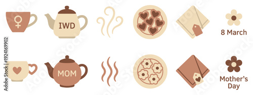 Flat design icon set for International Women's Day and Mother's Day, featuring teapots, cups, cookies, and greeting cards in a warm, minimalist brown color palette