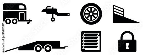 Seven black silhouette icons for trailer services, featuring a cargo trailer, coupler, tire, loading ramp, car hauler, vent, and a lock for security and logistics themes