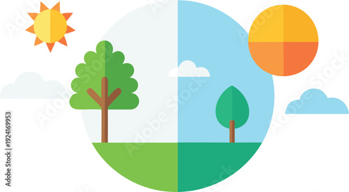 Day and night cycle with trees and sun isolated on transparent background, Vector, illustration