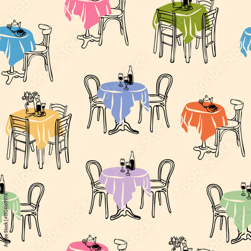 Cafe, Restaurant tables, chairs. Table with tablecloth, wine bottle, glasses, flowers, teapot, cup. Romantic date, lunch, dinner concept. Hand drawn Vector illustration. Square seamless Pattern
