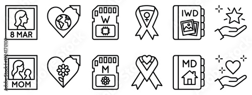 Collection of twelve minimalist line art icons representing International Women's Day and Mother's Day with symbols of love, achievement, and female empowerment