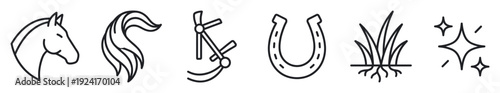 Set of black line art icons for equestrian themes including a horse head, flowing tail, riding spurs, a horseshoe, grass with roots, and a sparkle symbol