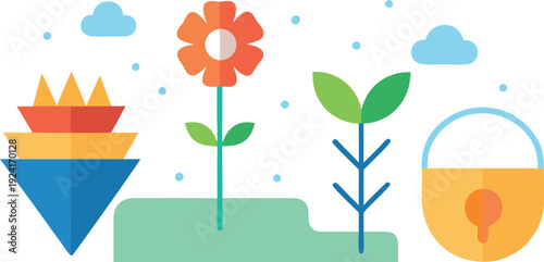 Colorful illustration of gardening tools and a flower isolated on transparent background, Vector, illustration