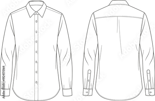 Men Long Sleeve Button Down Shirt Technical Drawing, Front and Back View Apparel Template, Minimal Vector Fashion Illustration
