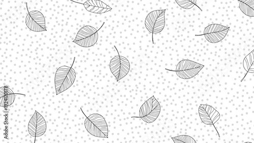 Hand drawn pattern of various leaves with line details is set against a subtle gray dotted background for textures.