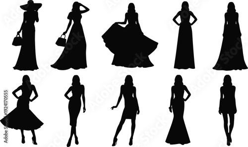 Set of elegant women silhouettes in long dresses, collection of female fashion models posing isolated on white background, glamour and style concept