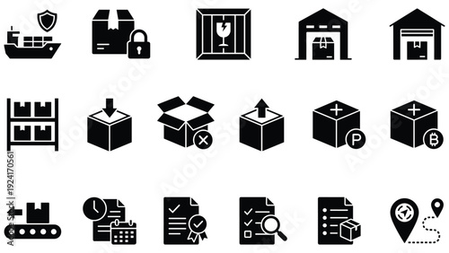 Set of 15 Black Logistics and Shipping Icons Vector