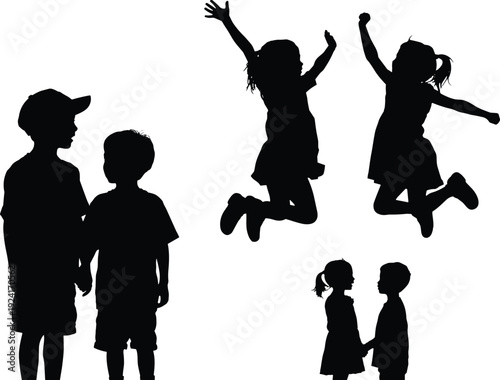 Children silhouette set with jumping girls and boys holding hands, happy childhood friendship concept, black and white isolated vector illustration